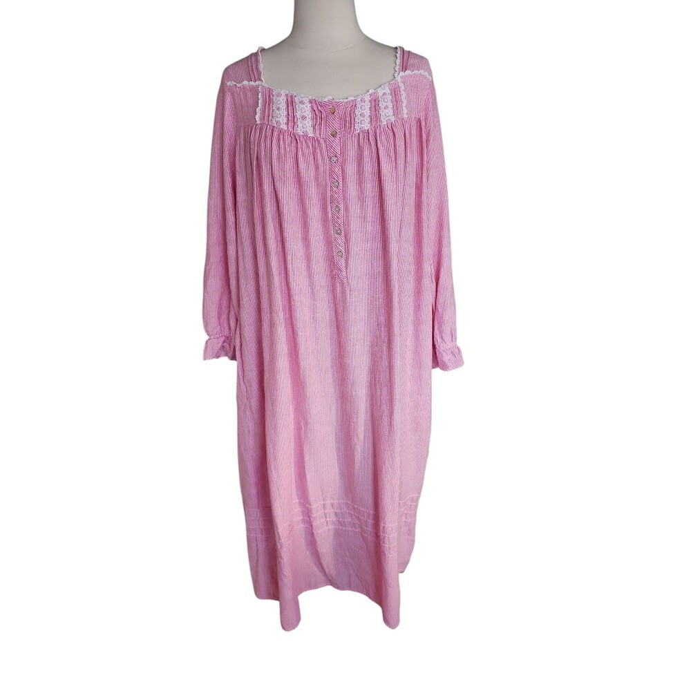 Eileen West Cottage Prairie Nightgown Womens Medium Coquette Red White Striped